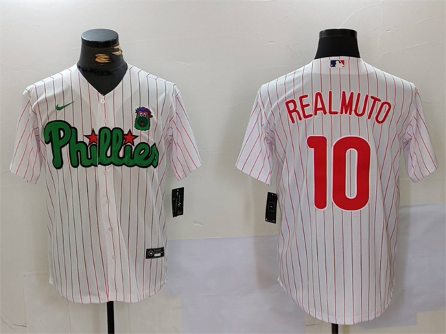 Men's Philadelphia Phillies #10 J.T. Realmuto White/Green Cool Base Stitched Jersey Men's Philadelphia Phillies #10 J.T. Realmuto White/Green Cool Base Stitched Jersey